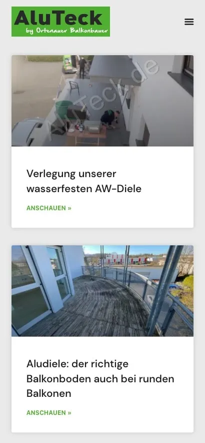 Screenshot der AluTeck Allwetterdiele Website – Mobile