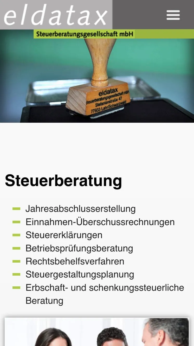 Screenshot der eldatax Website – Mobile