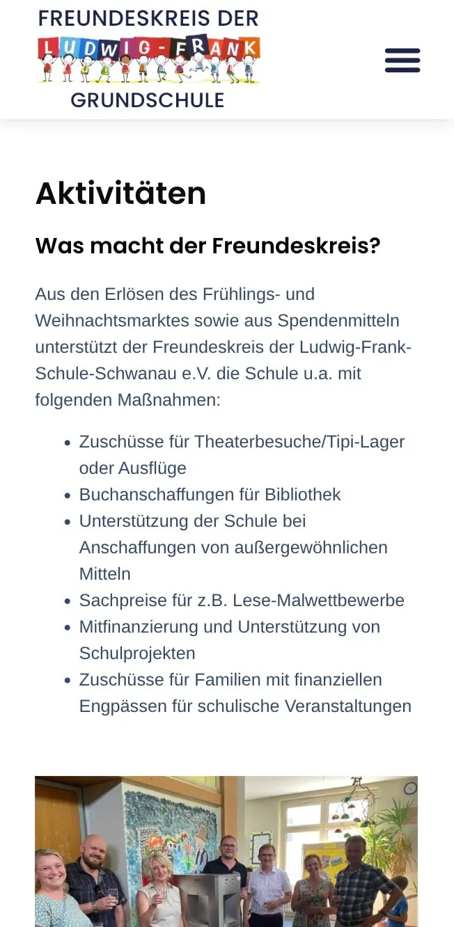 Screenshot der Freundeskreis Grundschule Website – Mobile