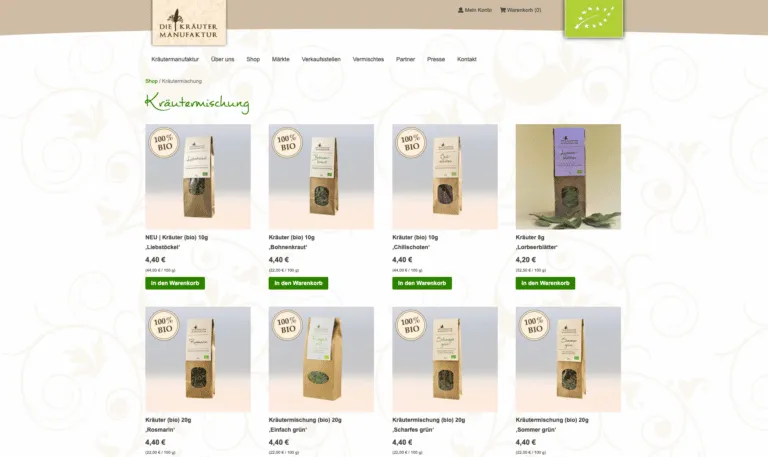 Screenshot des Kräuterland Online-Shops