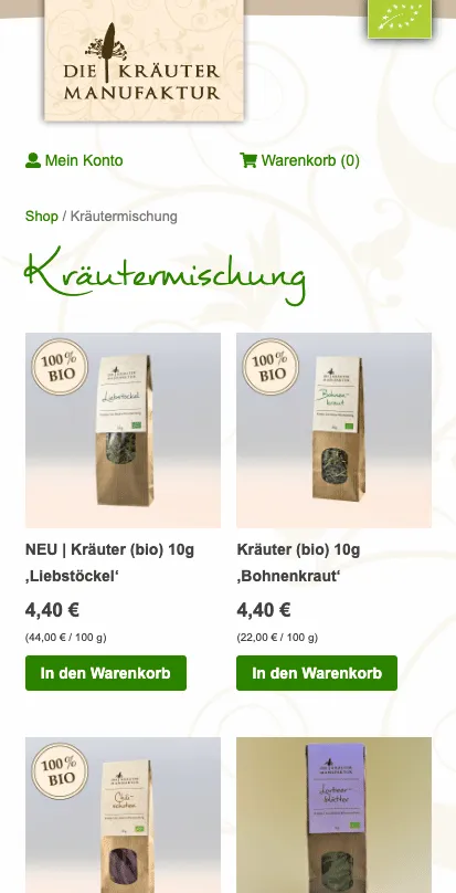 Screenshot des Kräuterland Online-Shops – Mobile