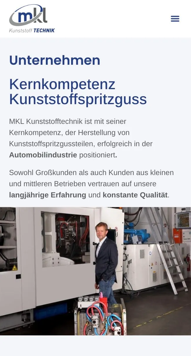 Screenshot der MKL Kunststofftechnik Website – Mobile
