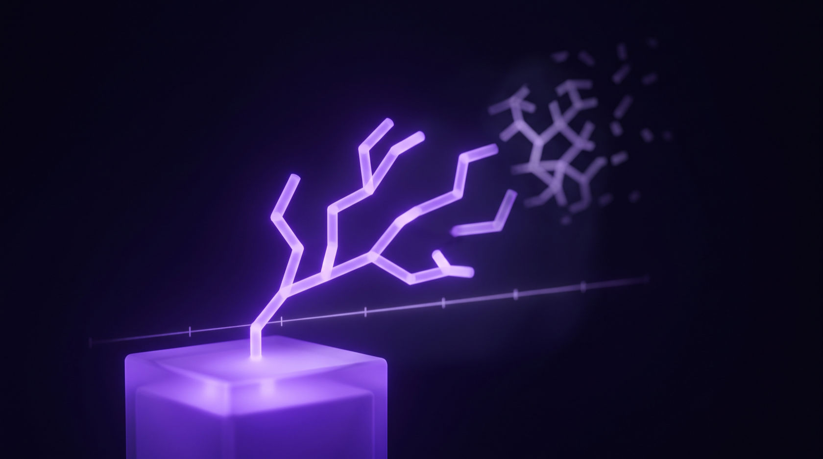 Ein Fundament aus violettem Licht trägt eine wachsende Struktur über eine Zeitachse, im Hintergrund verblasst ein zweites, generisches Modul
