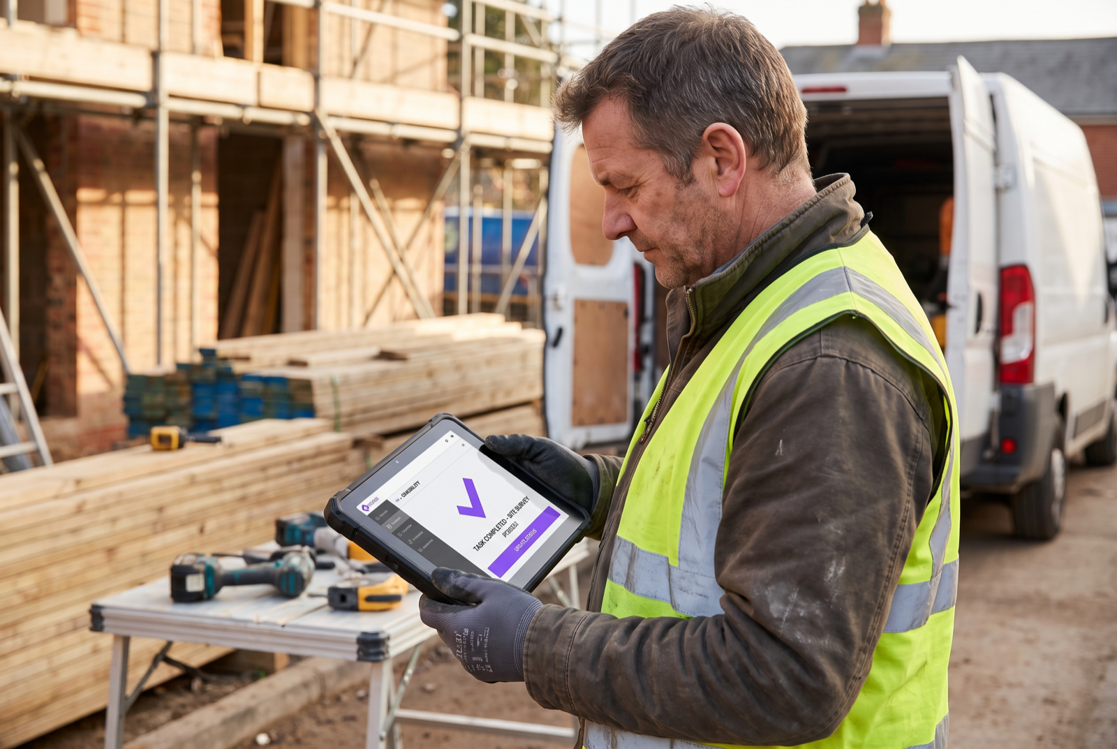 Zwei Hände halten draußen auf einer Baustelle ein Tablet, auf dem Display eine schlichte, abstrakte Übersicht ohne lesbaren Text — Sinnbild für die mobile Oberfläche, die Rückmeldungen direkt in die Warenwirtschaft zurückschreibt.